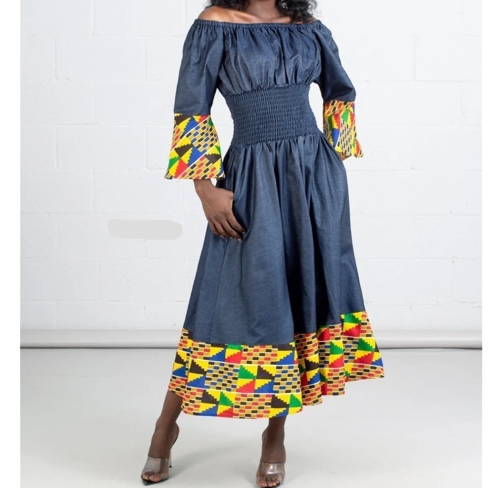 DENIM SMOCKED FIESTA MAXI DRESS SIZE LARGE LIGHTWEIGHT NWT POCKETS - Picture 5 of 12